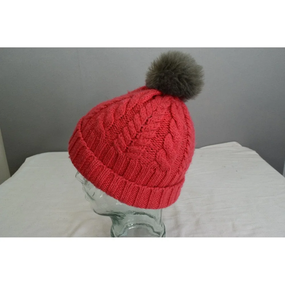Smartwool Beanie OS Coral Pink Merino Wool Cable Knit Pom Kids Winter Hat